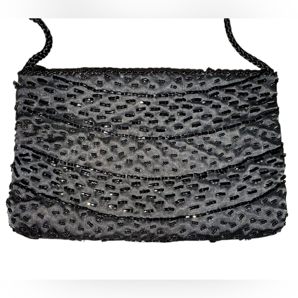 Vintage Magid Black Beaded Evening Crossbody Handbag with Zipper Closure
